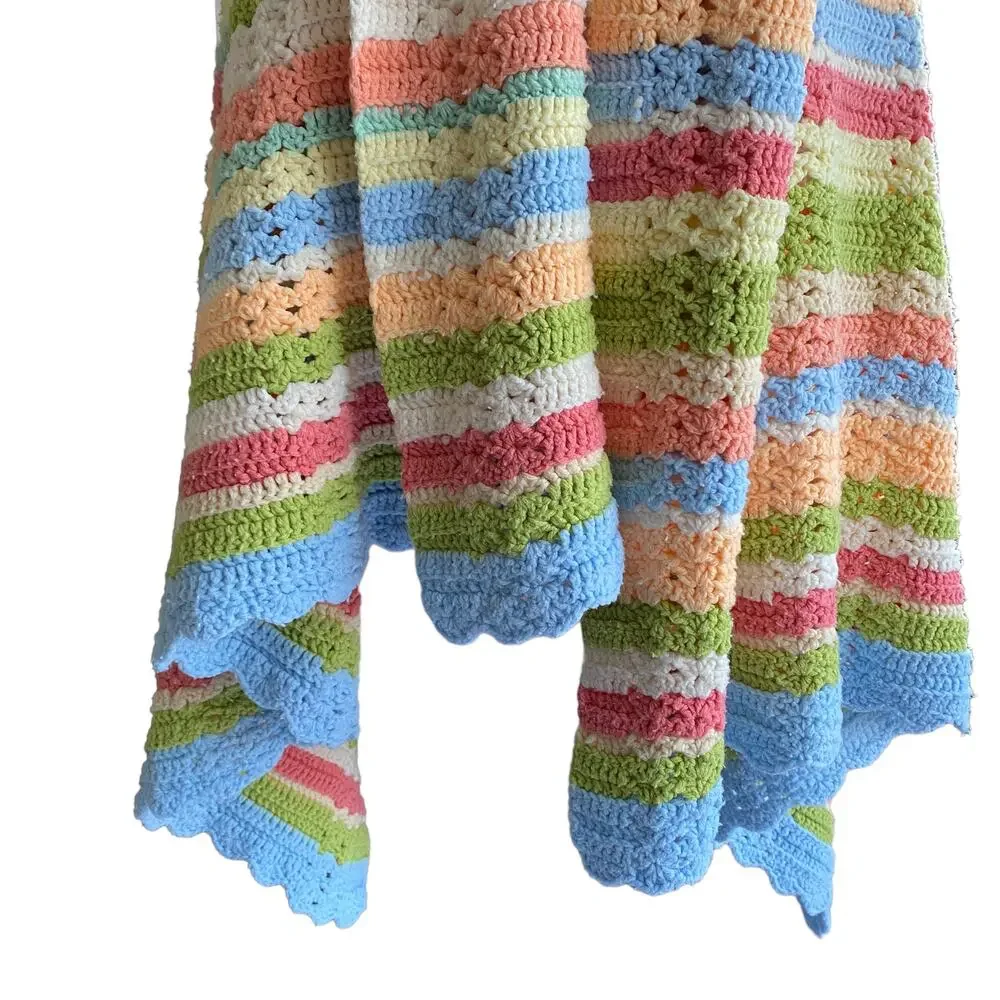 Striped Hand Crocheted Knit Afghan Throw Cottage Core Twee Pretty Blanket Wrap